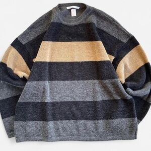 Perry Ellis Wool Blend Gray Tan Striped Slouchy Cozy Grandpa Sweater XL